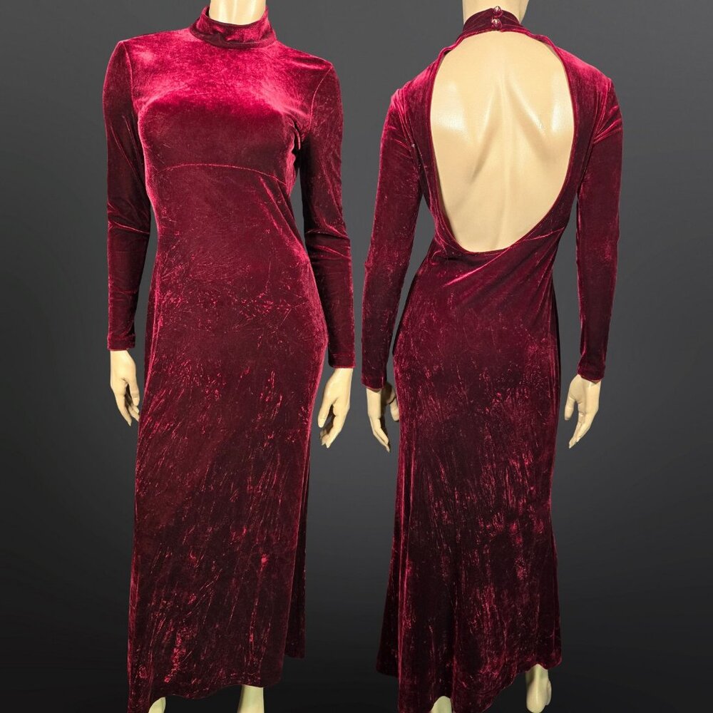 Vintage 90s Crushed Velvet Maxi Dress Open Back Size M Cocktail Gothic Vampy